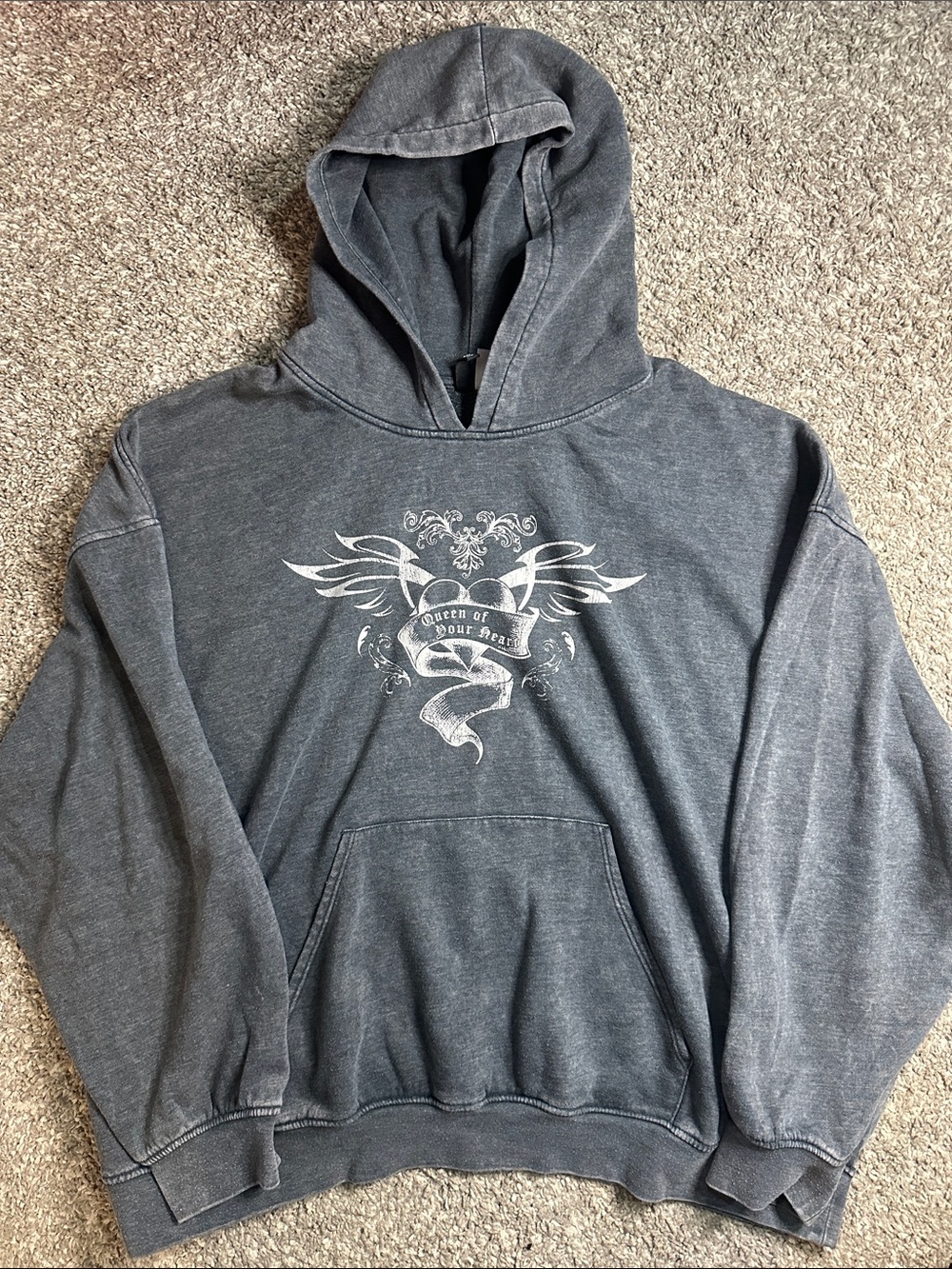 H&M Charcoal Gray Pullover Hoodie with White Winged Graphic